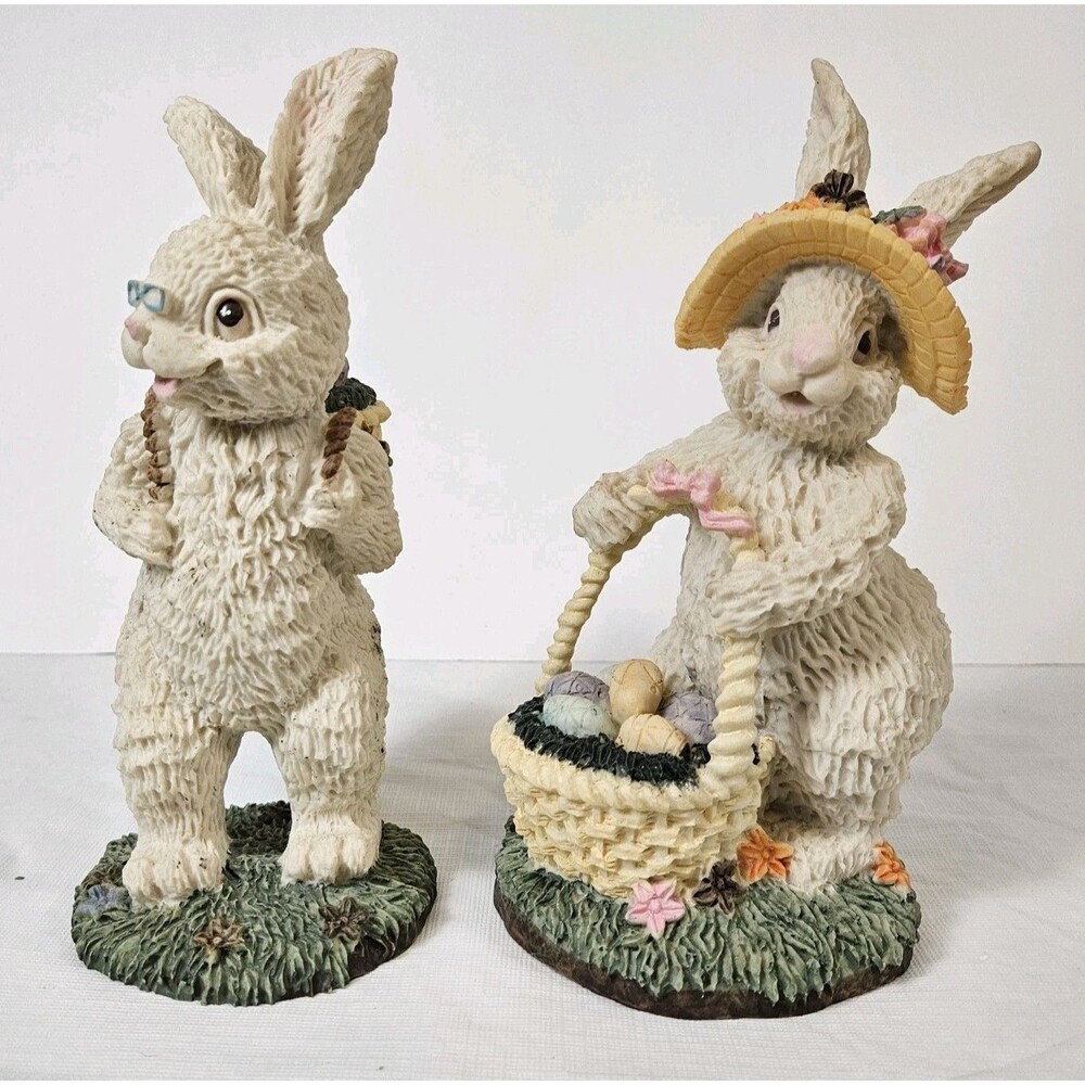 Vintage Easter Bunnies Pair Couple Collection Resin figurines Basket of Eggs - Picture 8 of 15
